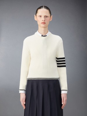 Women Thom Browne Merino Wool 4-Bar Cropped Cable Pullover White | KFA16A18942