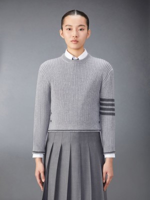 Women Thom Browne Merino Wool 4-Bar Cropped Cable Pullover Grey | RCS37U49670