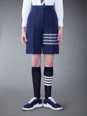 Women Thom Browne Tweed Fray 4-Bar High Waist Shorts Blue | QCL17R16814