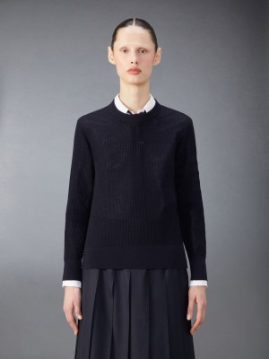 Women Thom Browne Wool Crepe 4-Bar Relaxed Fit Pullover Blue | XXF06V50696