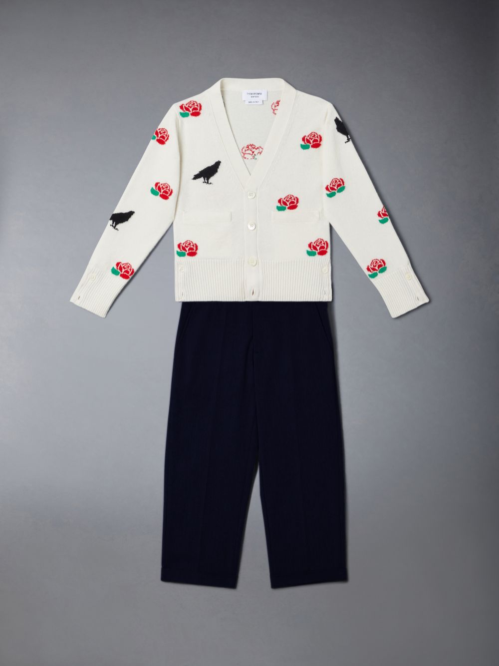 Boys's Thom Browne Merino Wool Rose and Raven Cardigan White | BJV75G47879