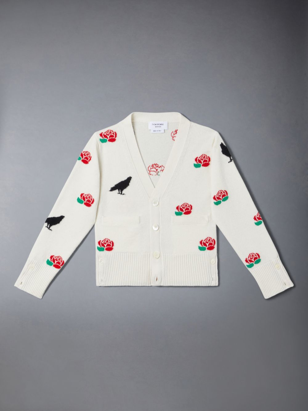 Boys\'s Thom Browne Merino Wool Rose and Raven Cardigan White | BJV75G47879