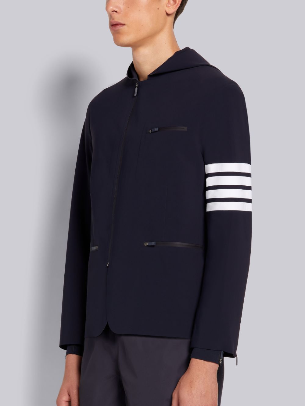 Men Thom Browne 4-Bar Stripe Hooded Compression Sport Jackets Navy | LZL86P25190