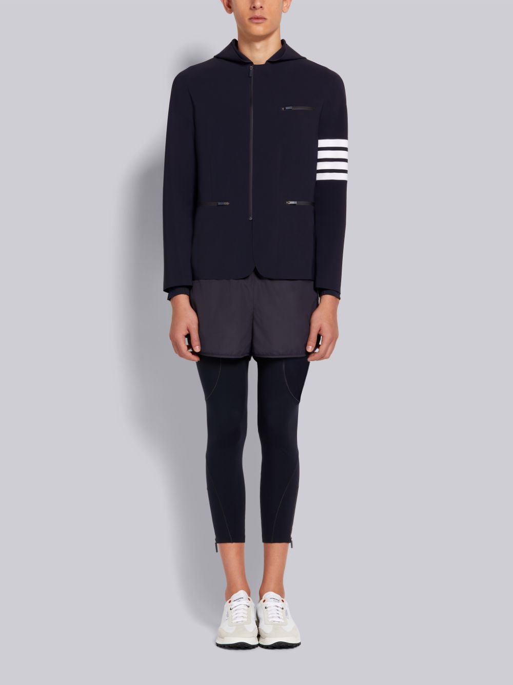 Men Thom Browne 4-Bar Stripe Hooded Compression Sport Jackets Navy | LZL86P25190