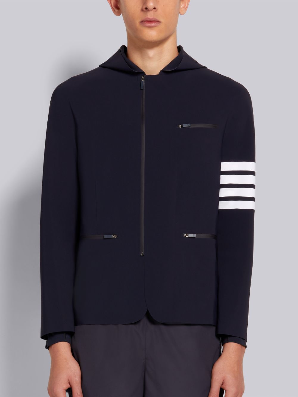 Men Thom Browne 4-Bar Stripe Hooded Compression Sport Jackets Navy | LZL86P25190