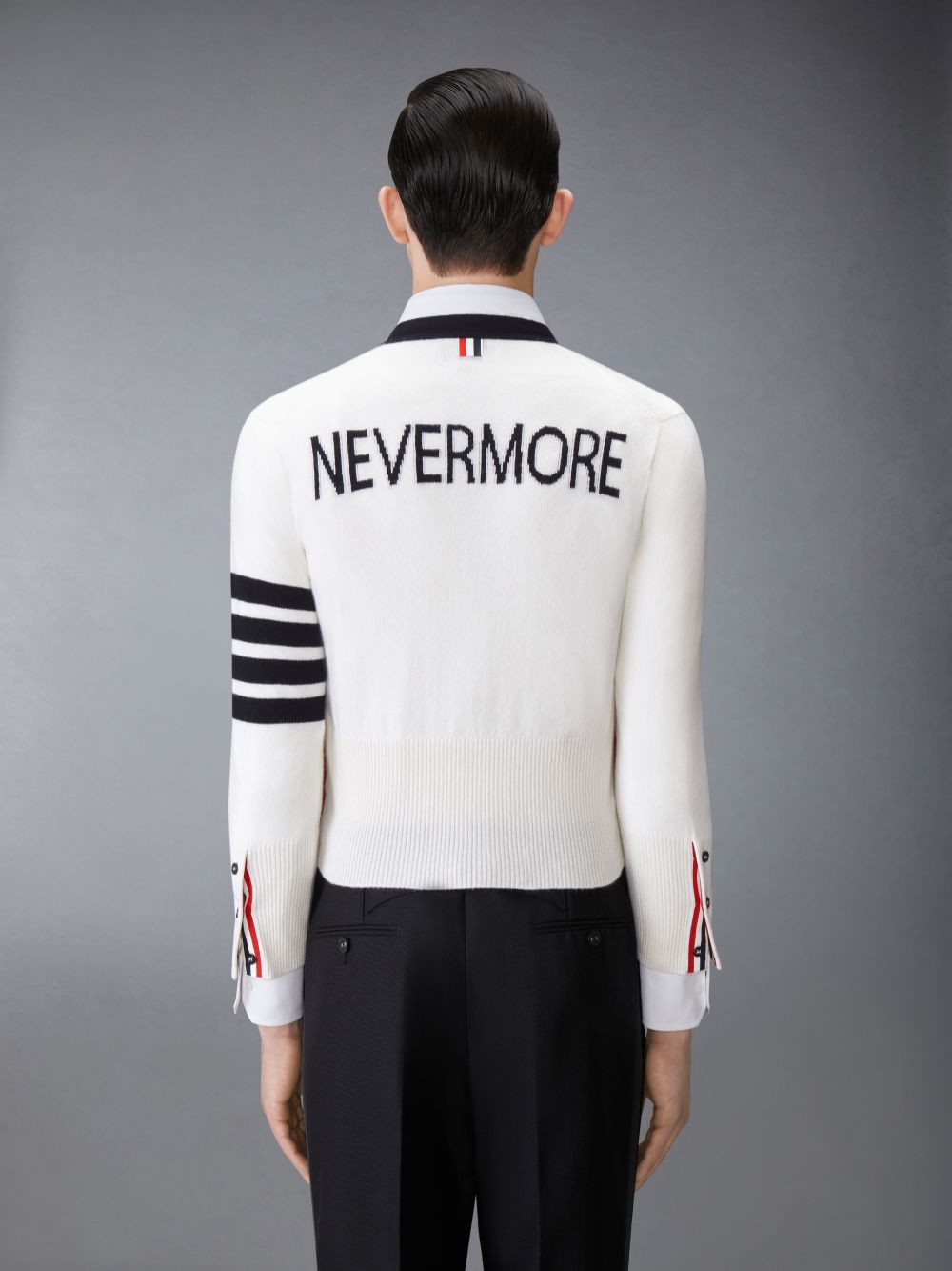 Men Thom Browne Cashmere Nevermore Intarsia 4-Bar Classic Short Cardigan White | GDQ49J80558