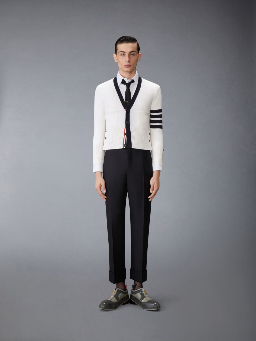 Men Thom Browne Cashmere Nevermore Intarsia 4-Bar Classic Short Cardigan White | GDQ49J80558