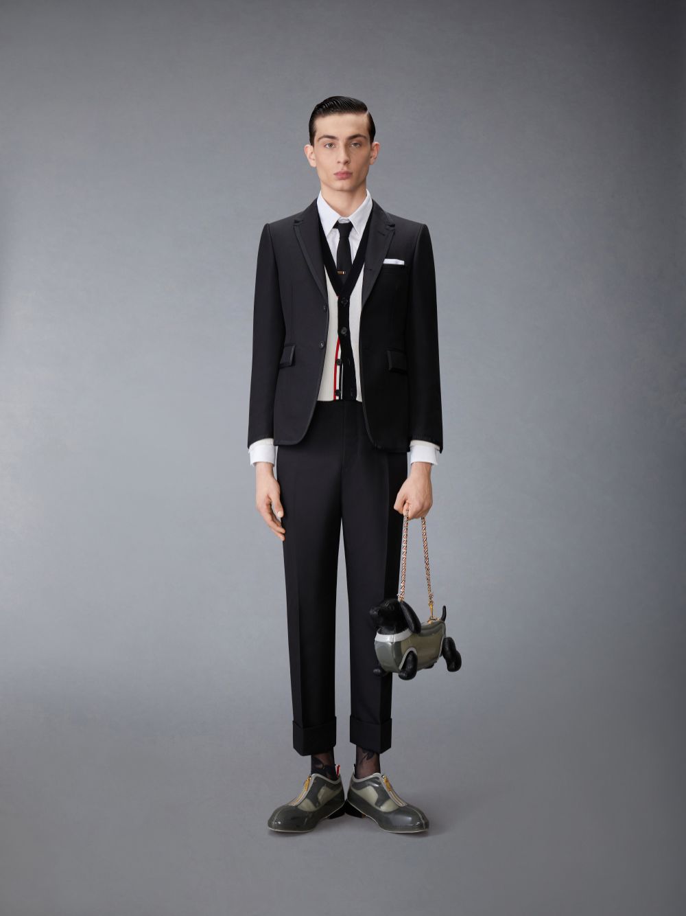 Men Thom Browne Cashmere Nevermore Intarsia 4-Bar Classic Short Cardigan White | GDQ49J80558