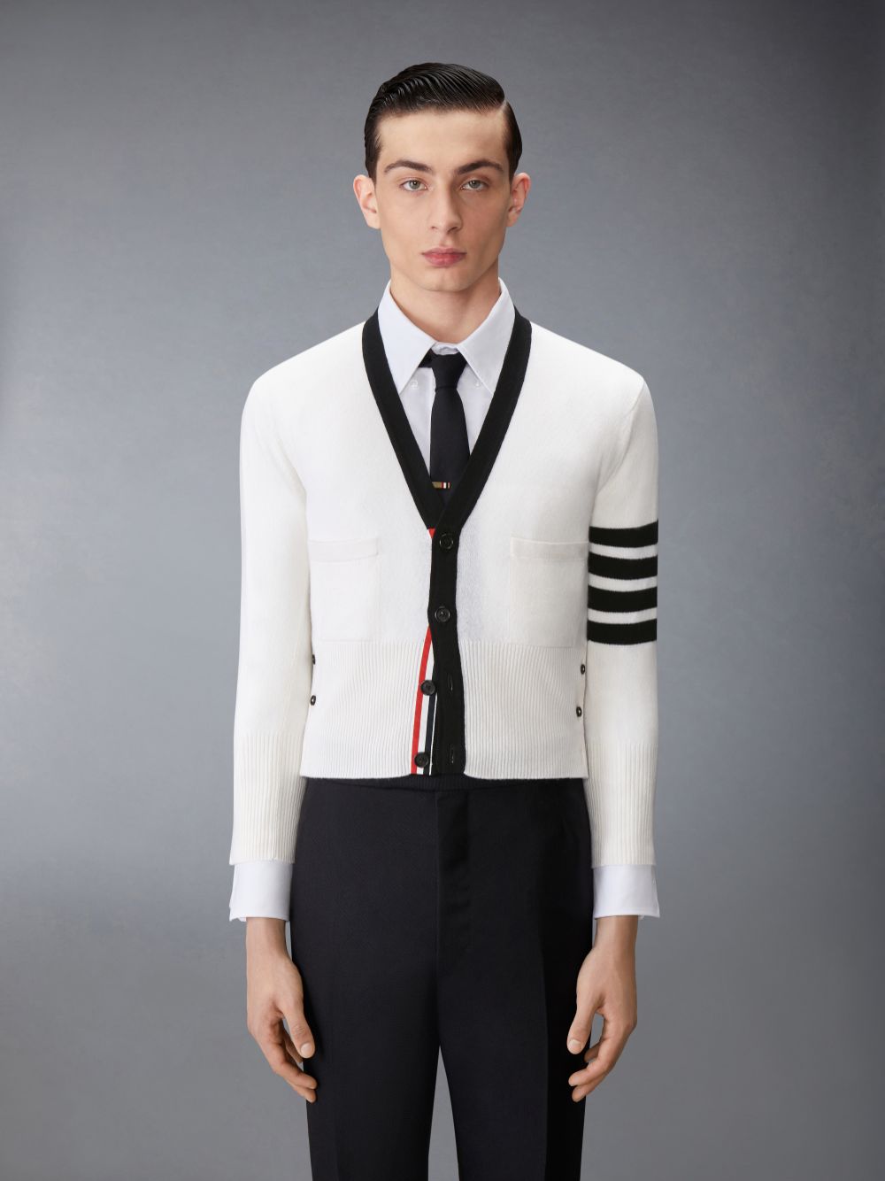 Men Thom Browne Cashmere Nevermore Intarsia 4-Bar Classic Short Cardigan White | GDQ49J80558