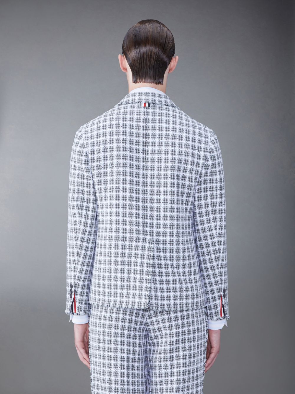 Men Thom Browne Check Summer Tweed Fray Sack Sport Coats Grey | JHM21P32715