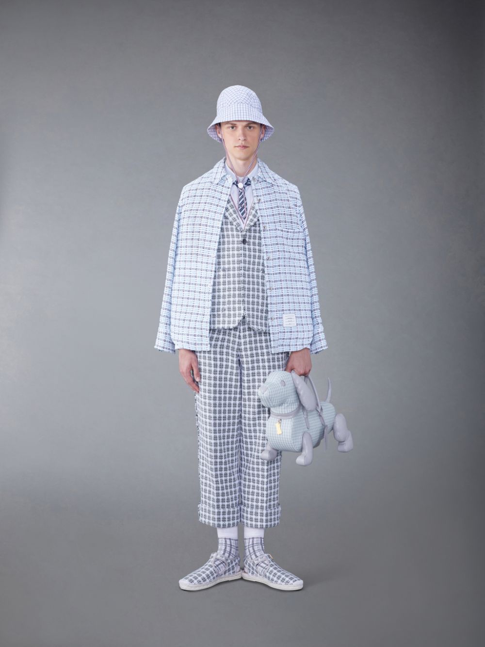 Men Thom Browne Check Summer Tweed Fray Sack Sport Coats Grey | JHM21P32715