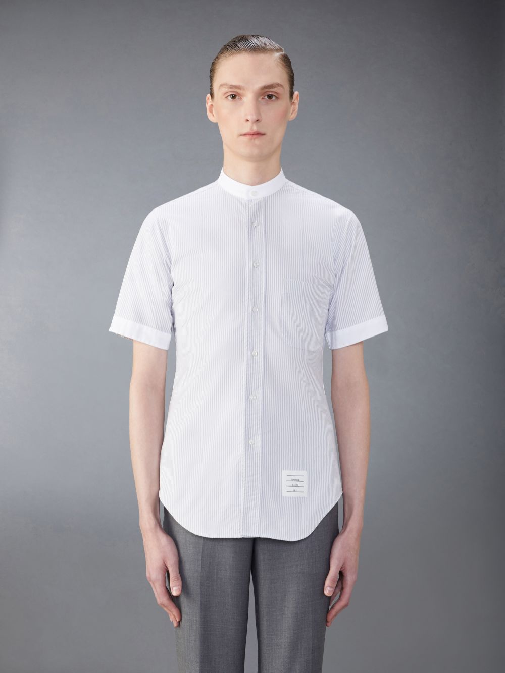 Men Thom Browne Classic Cotton Band Collar Shirts Grey | QHU54A42363