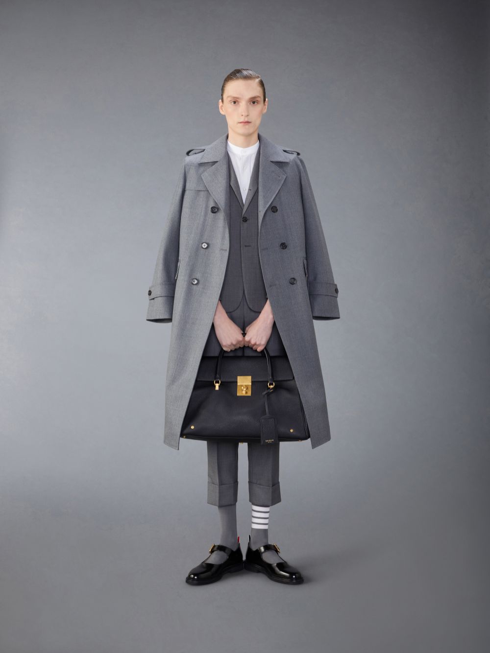 Men Thom Browne Classic Cotton Band Collar Shirts Grey | QHU54A42363