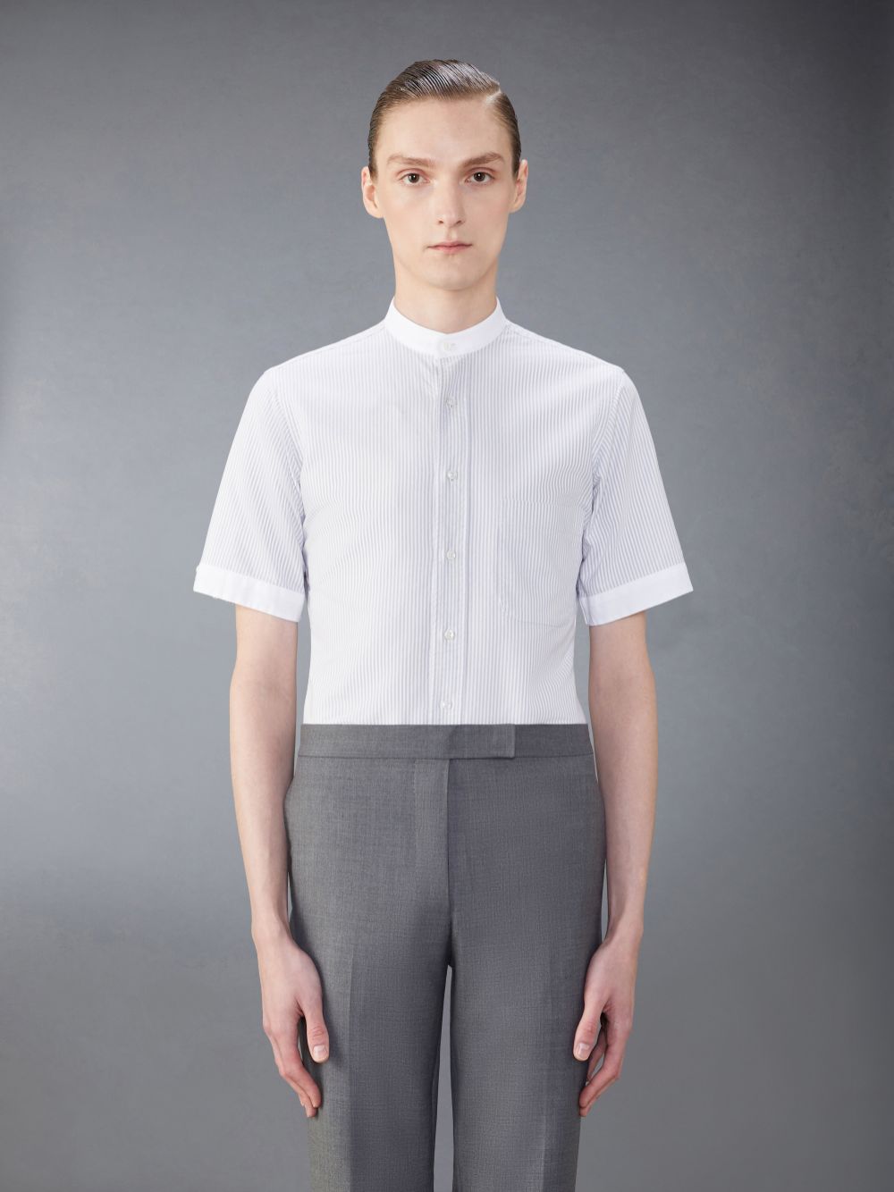 Men Thom Browne Classic Cotton Band Collar Shirts Grey | QHU54A42363