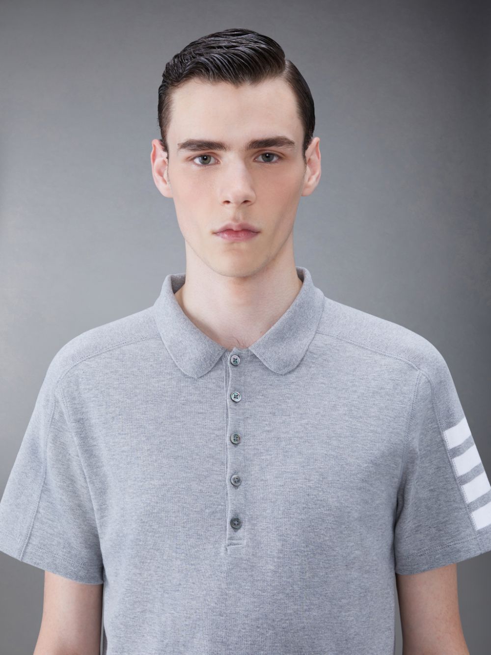 Men Thom Browne Cotton 4-Bar Short Sleeve Polo Shirt Grey | NBD01P52056