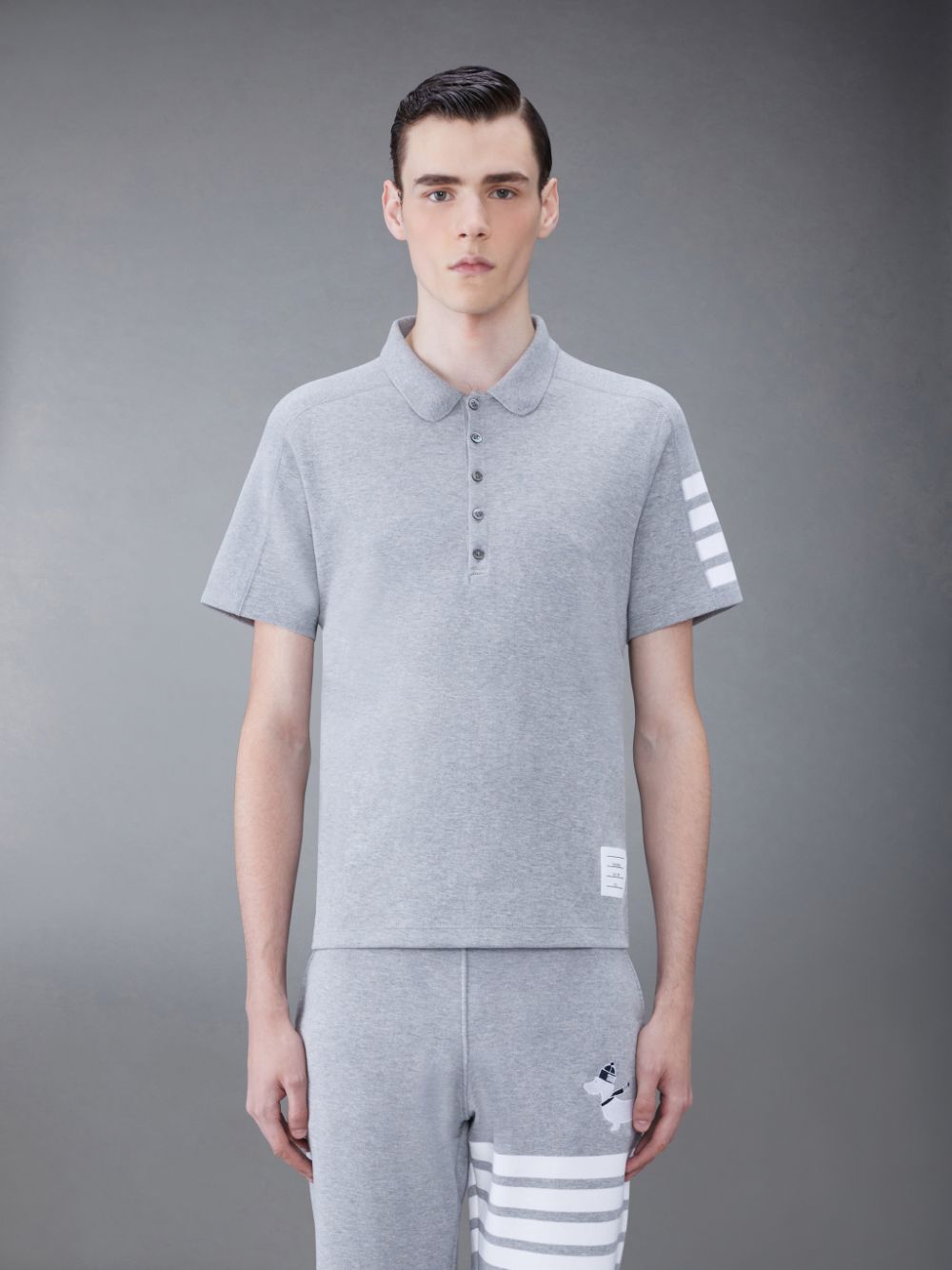 Men Thom Browne Cotton 4-Bar Short Sleeve Polo Shirt Grey | NBD01P52056