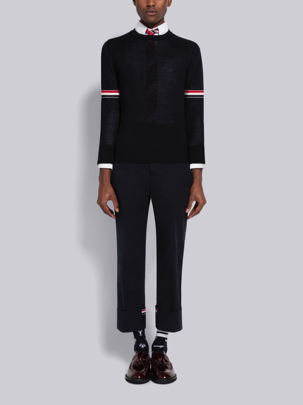 Men Thom Browne Fine Merino Stripe Relaxed Crew Neck Cardigan Blue | RYB41V90901