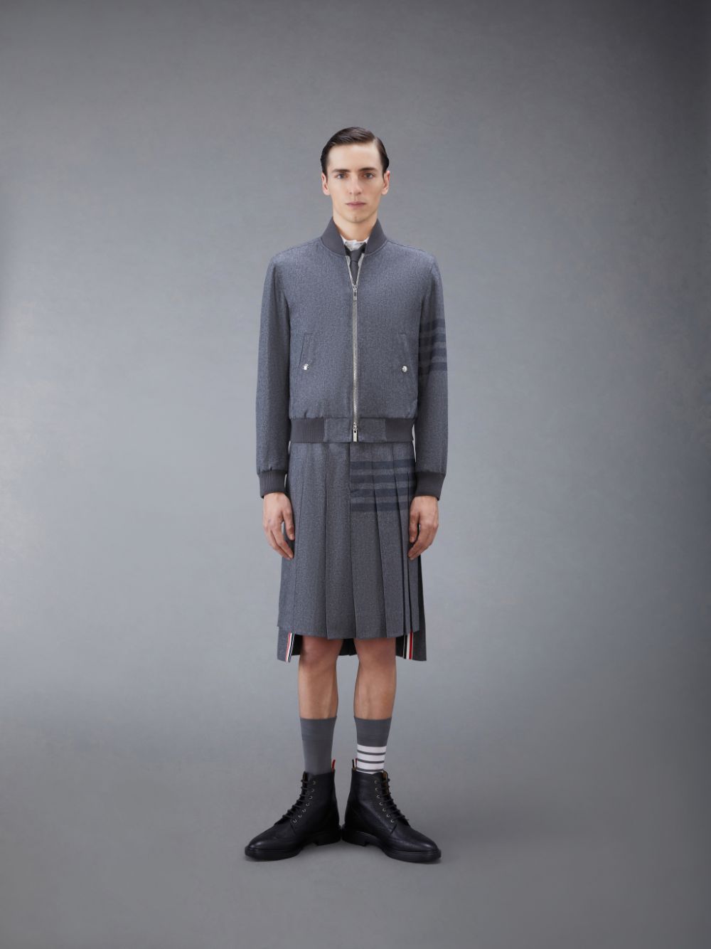 Men Thom Browne Flannel 4-Bar Knit Rib Blouson Jackets Grey | SBN22L25417
