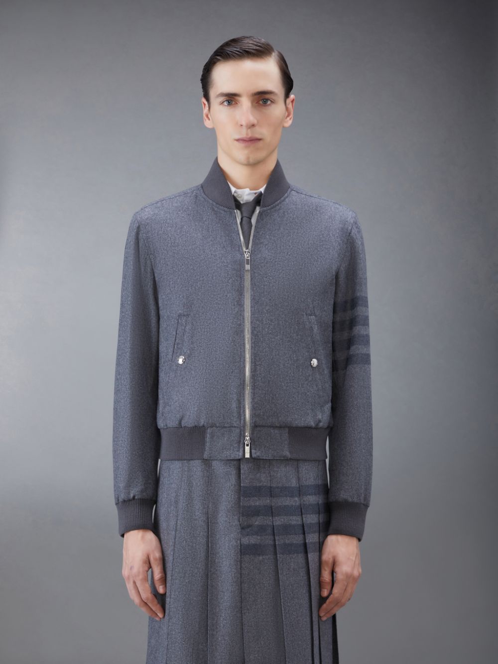 Men Thom Browne Flannel 4-Bar Knit Rib Blouson Jackets Grey | SBN22L25417