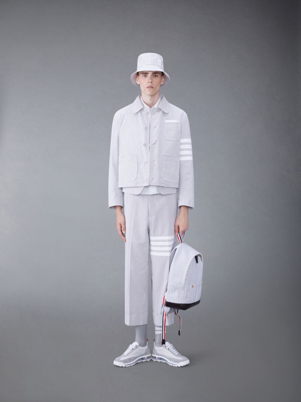 Men Thom Browne Funmix 4-Bar Seersucker Low Rise Pants Grey | XKQ56T58970