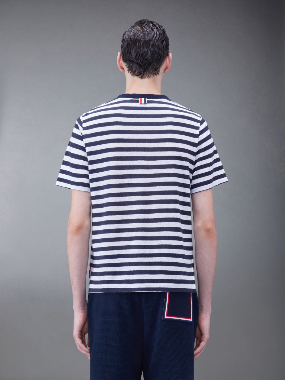 Men Thom Browne Linen Jersey Short Sleeve Striped Pocket T Shirts Blue | MQQ83D75018