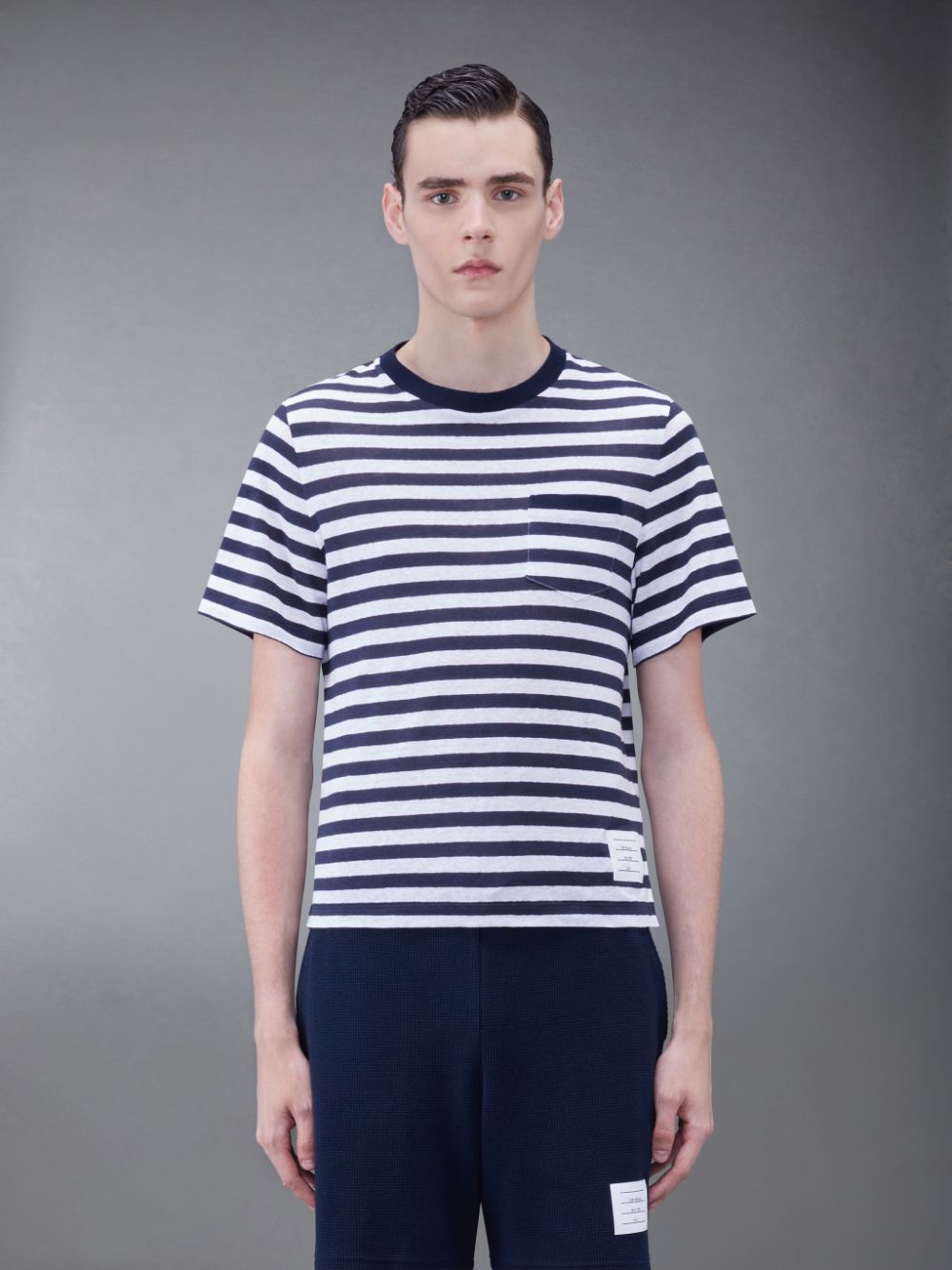Men Thom Browne Linen Jersey Short Sleeve Striped Pocket T Shirts Blue | MQQ83D75018