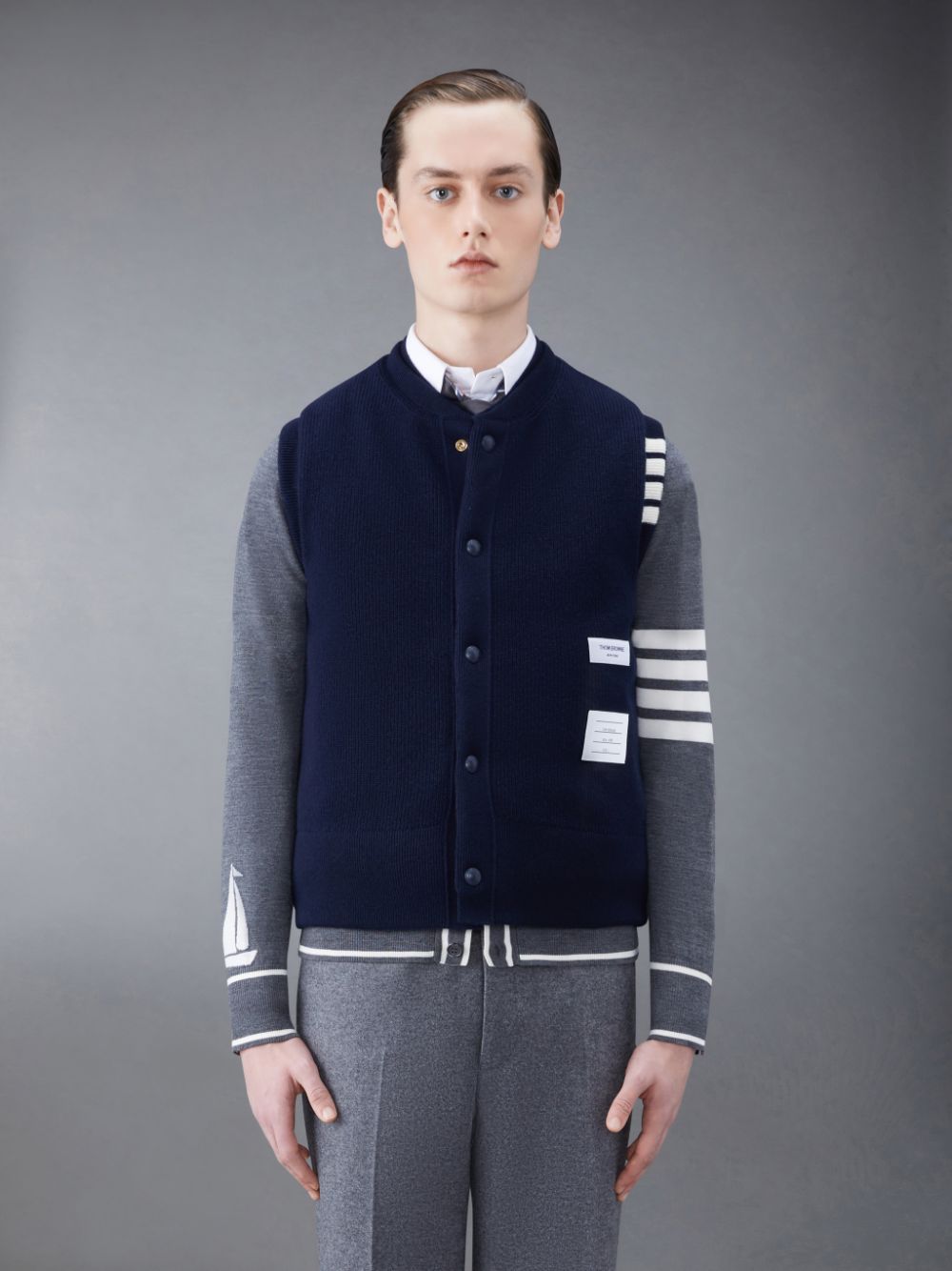 Men Thom Browne MERINO AND JERSEY PADDED REVERSIBLE 4-BAR Vest Blue | LUI17D06932