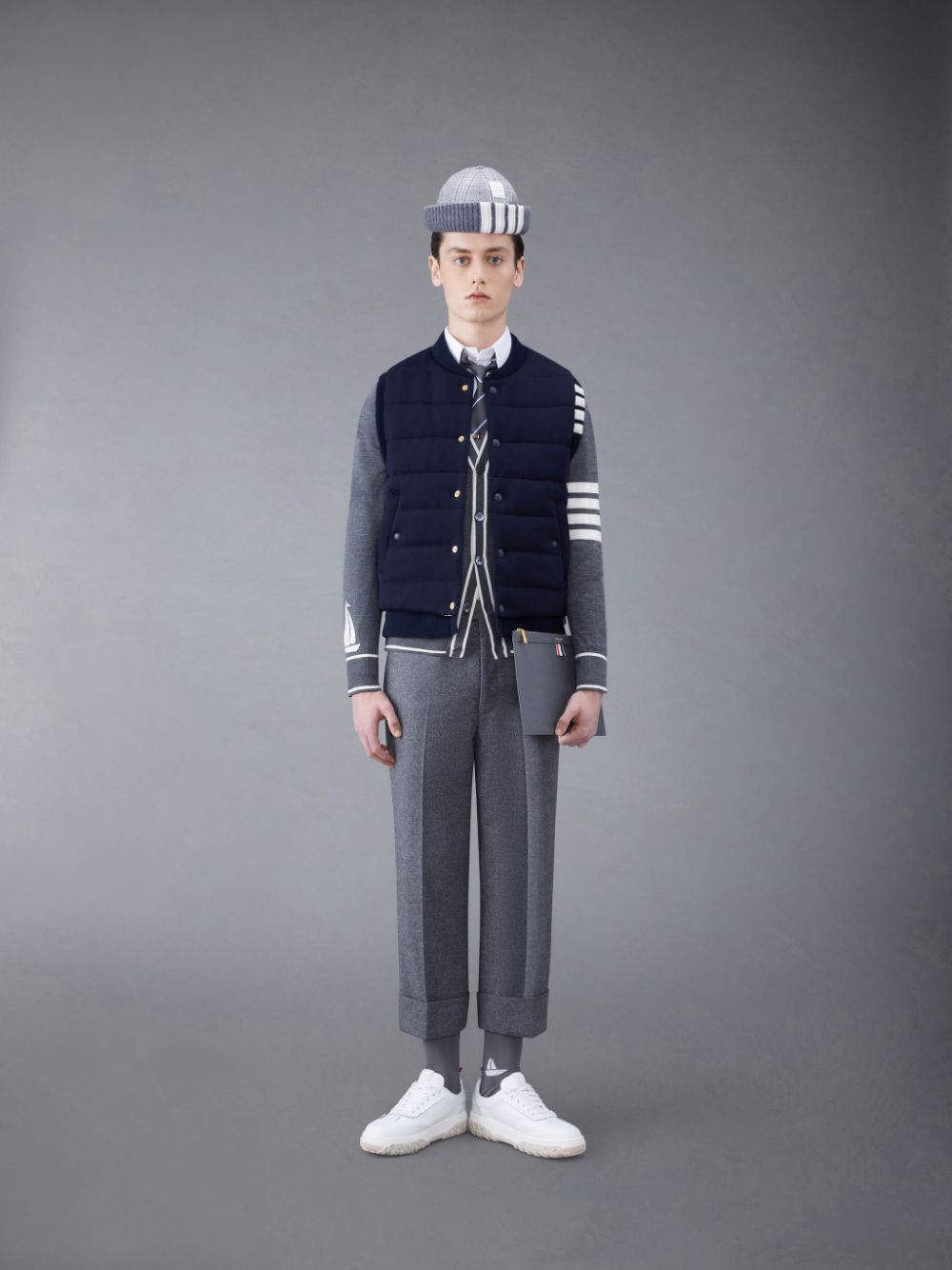 Men Thom Browne MERINO AND JERSEY PADDED REVERSIBLE 4-BAR Vest Blue | LUI17D06932