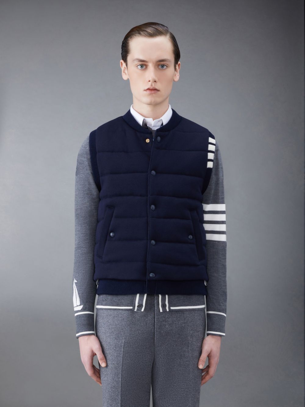 Men Thom Browne MERINO AND JERSEY PADDED REVERSIBLE 4-BAR Vest Blue | LUI17D06932