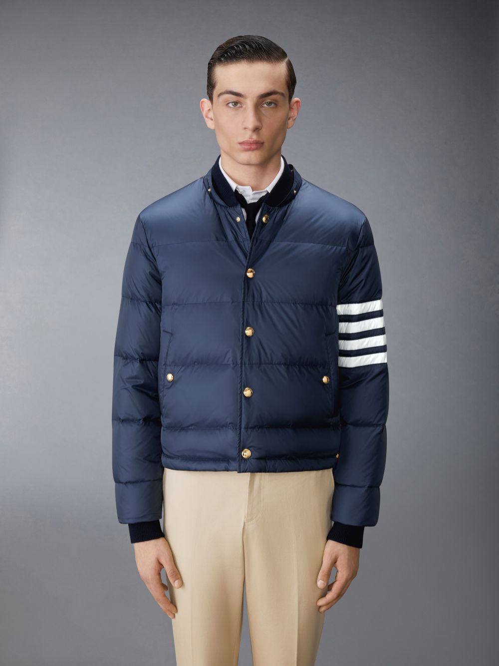 Men Thom Browne Matte Nylon 4-Bar Down Bomber Jackets Navy | UQW38M34905