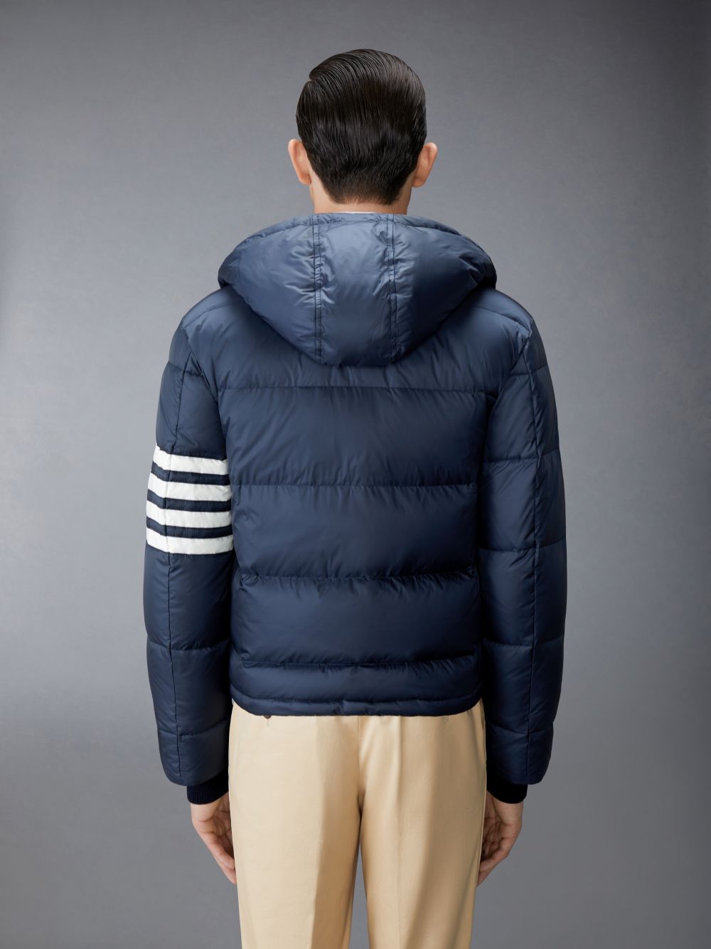 Men Thom Browne Matte Nylon 4-Bar Down Bomber Jackets Navy | UQW38M34905