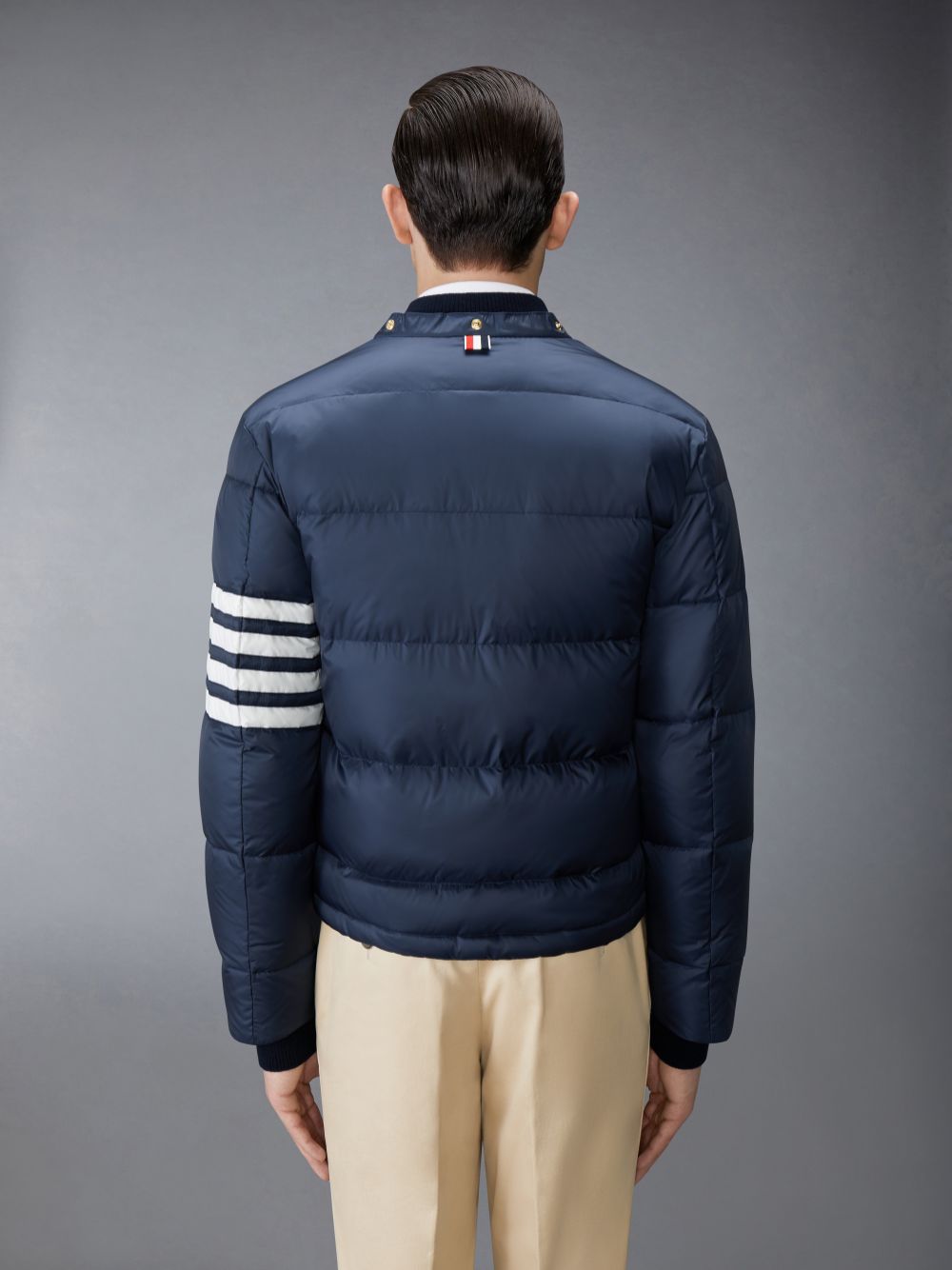 Men Thom Browne Matte Nylon 4-Bar Down Bomber Jackets Navy | UQW38M34905