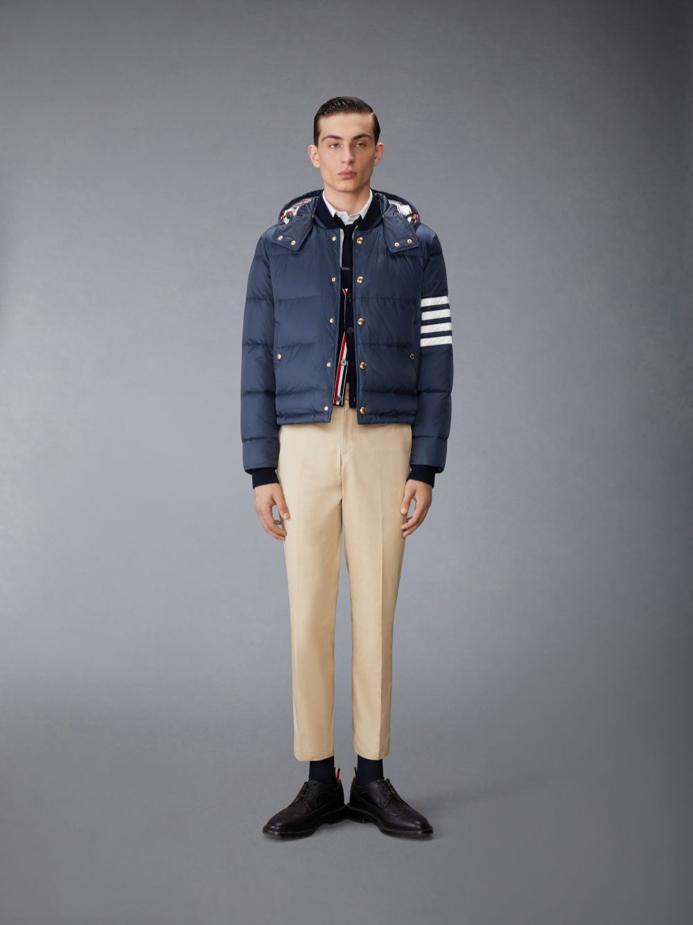 Men Thom Browne Matte Nylon 4-Bar Down Bomber Jackets Navy | UQW38M34905