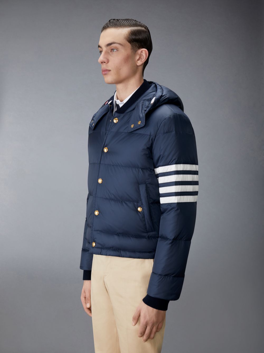 Men Thom Browne Matte Nylon 4-Bar Down Bomber Jackets Navy | UQW38M34905