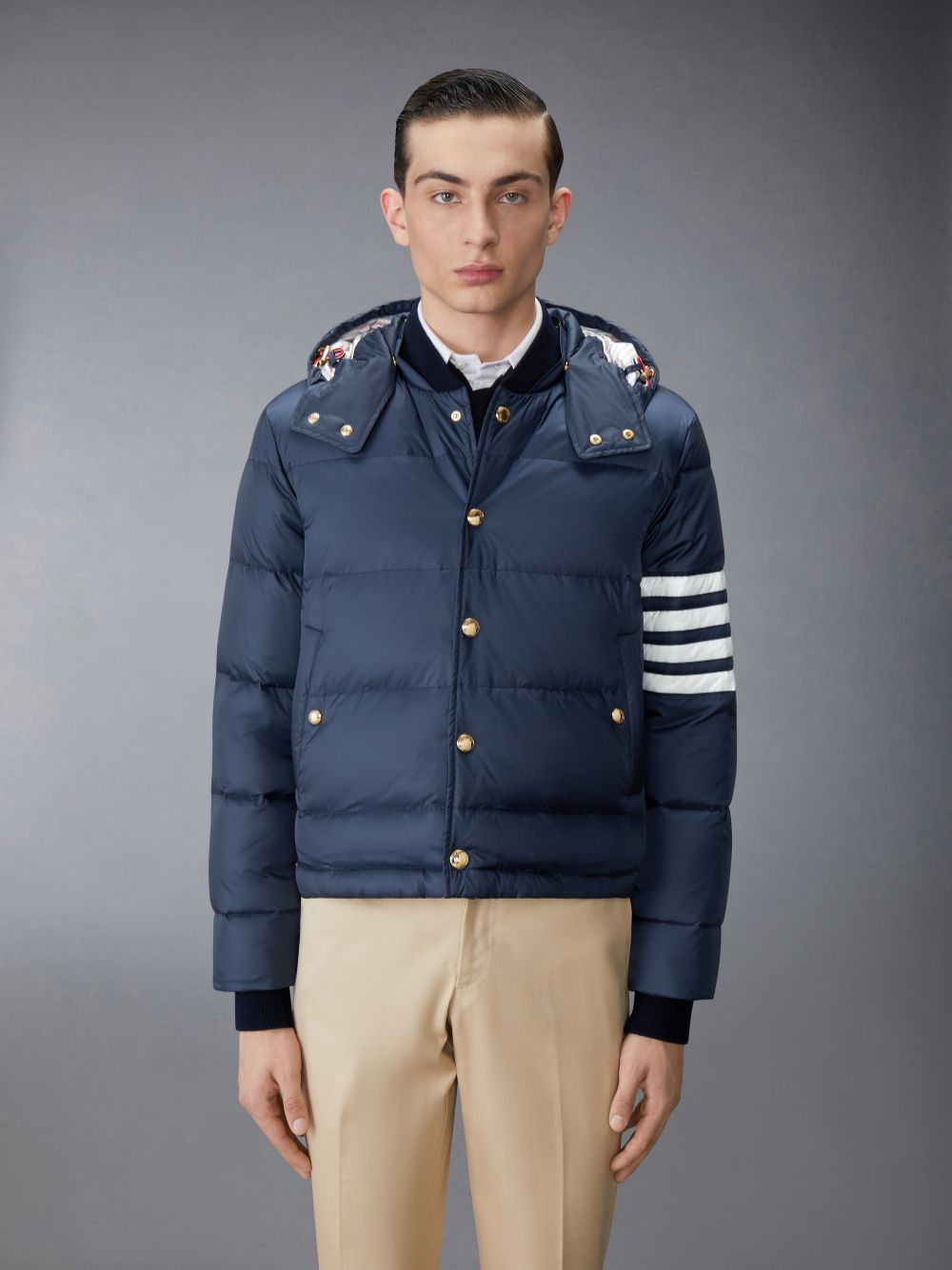 Men Thom Browne Matte Nylon 4-Bar Down Bomber Jackets Navy | UQW38M34905