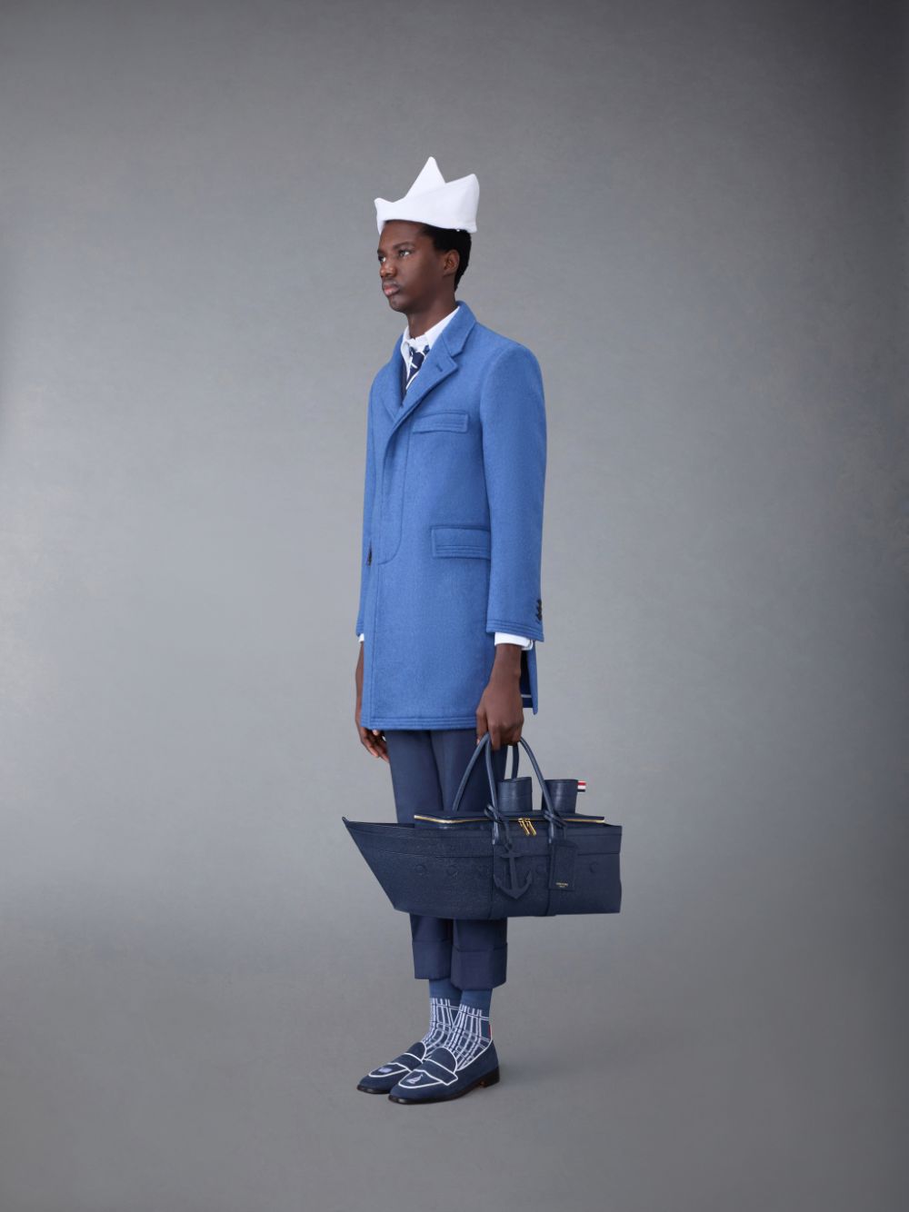 Men Thom Browne Pebble Grain Leather Cruise Liner Tote Bags Blue | JCF52G76695