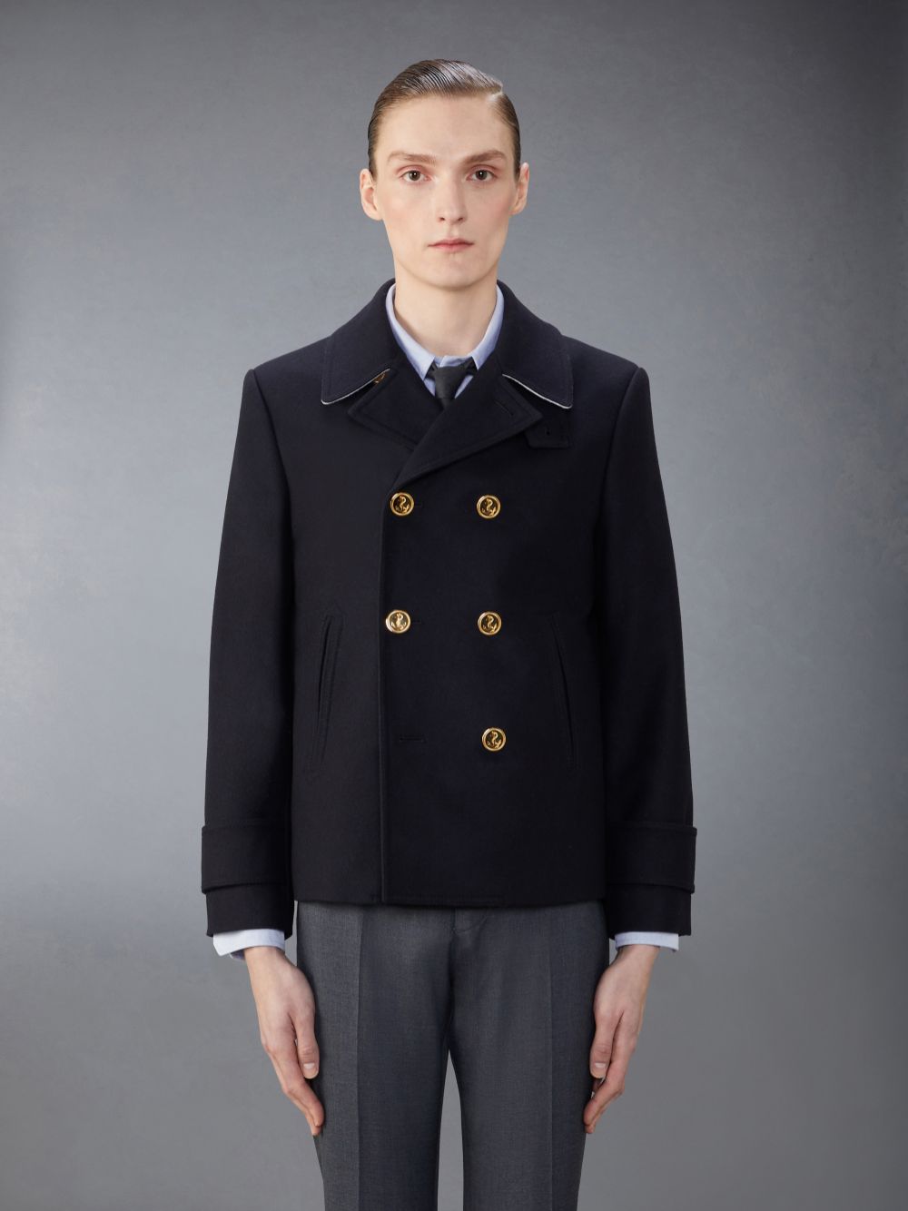 Men Thom Browne Spring Weight Melton Wool Peacoat Coats Blue | BXQ05E66501