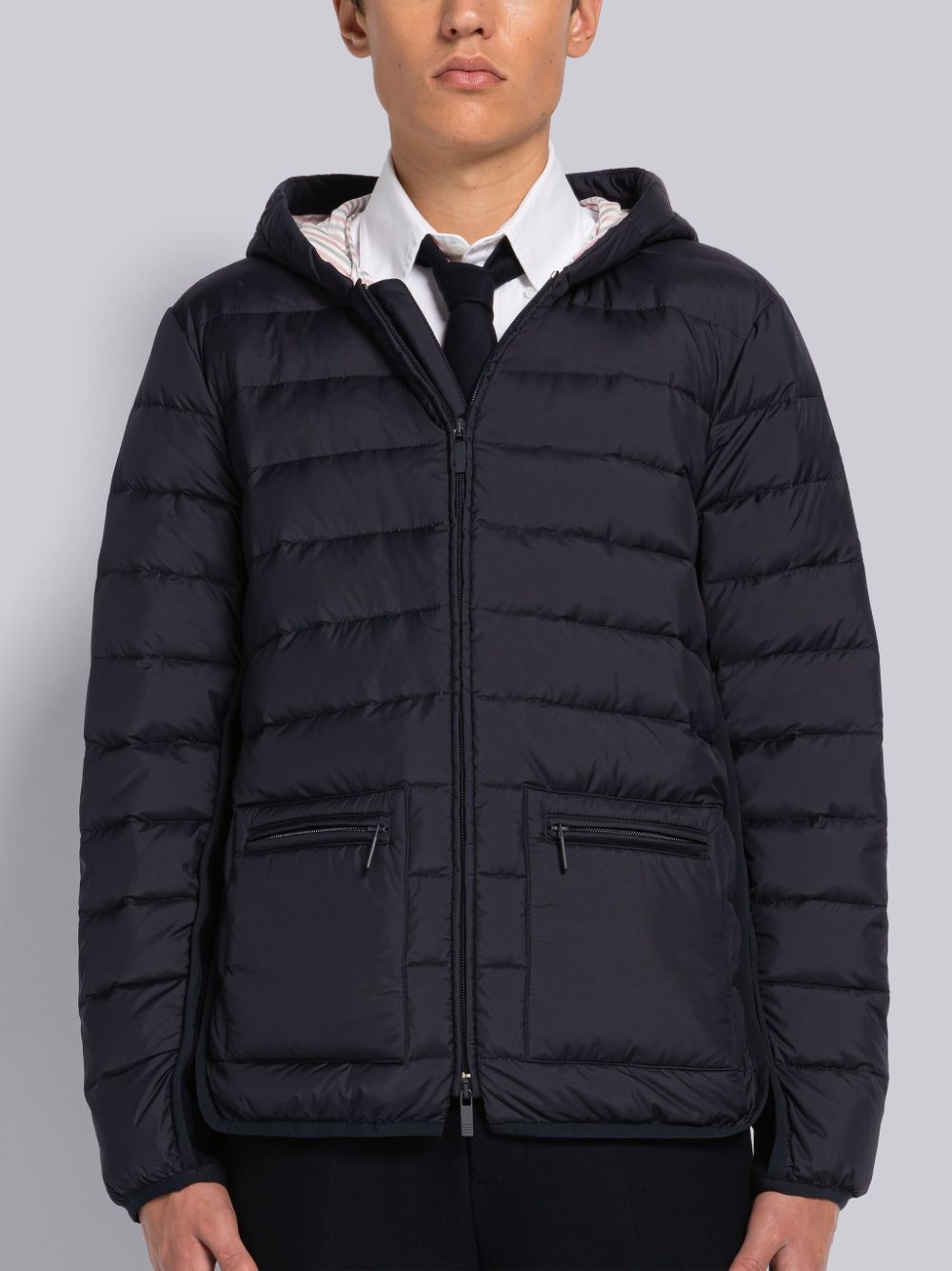 Men Thom Browne ULTRA LIGHT NYLON HOODED DOWN Jackets Blue | LGO00C16021