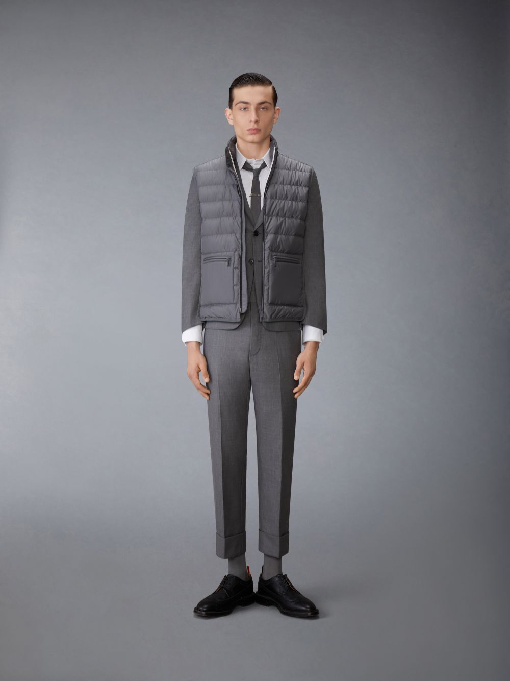 Men Thom Browne ULTRA LIGHT NYLON TECH FUNNEL NECK DOWN Vest Grey | DYP43O34969
