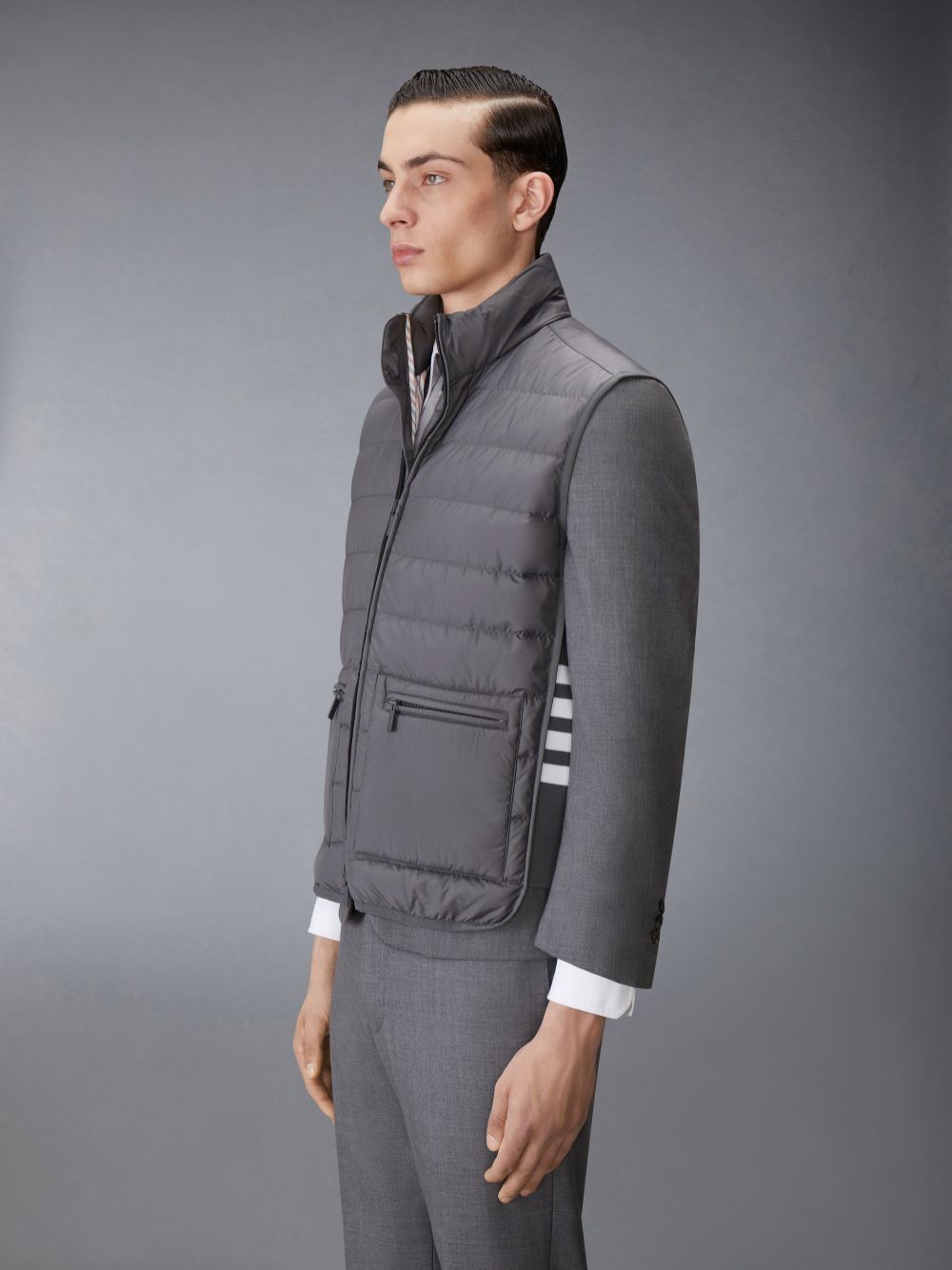 Men Thom Browne ULTRA LIGHT NYLON TECH FUNNEL NECK DOWN Vest Grey | DYP43O34969