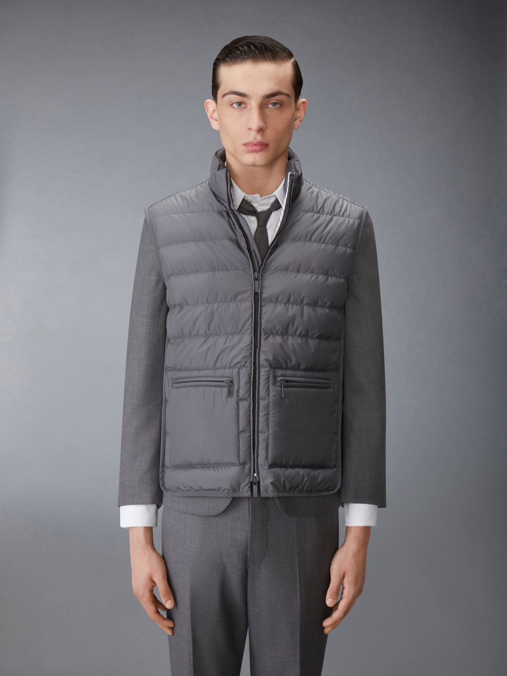 Men Thom Browne ULTRA LIGHT NYLON TECH FUNNEL NECK DOWN Vest Grey | DYP43O34969