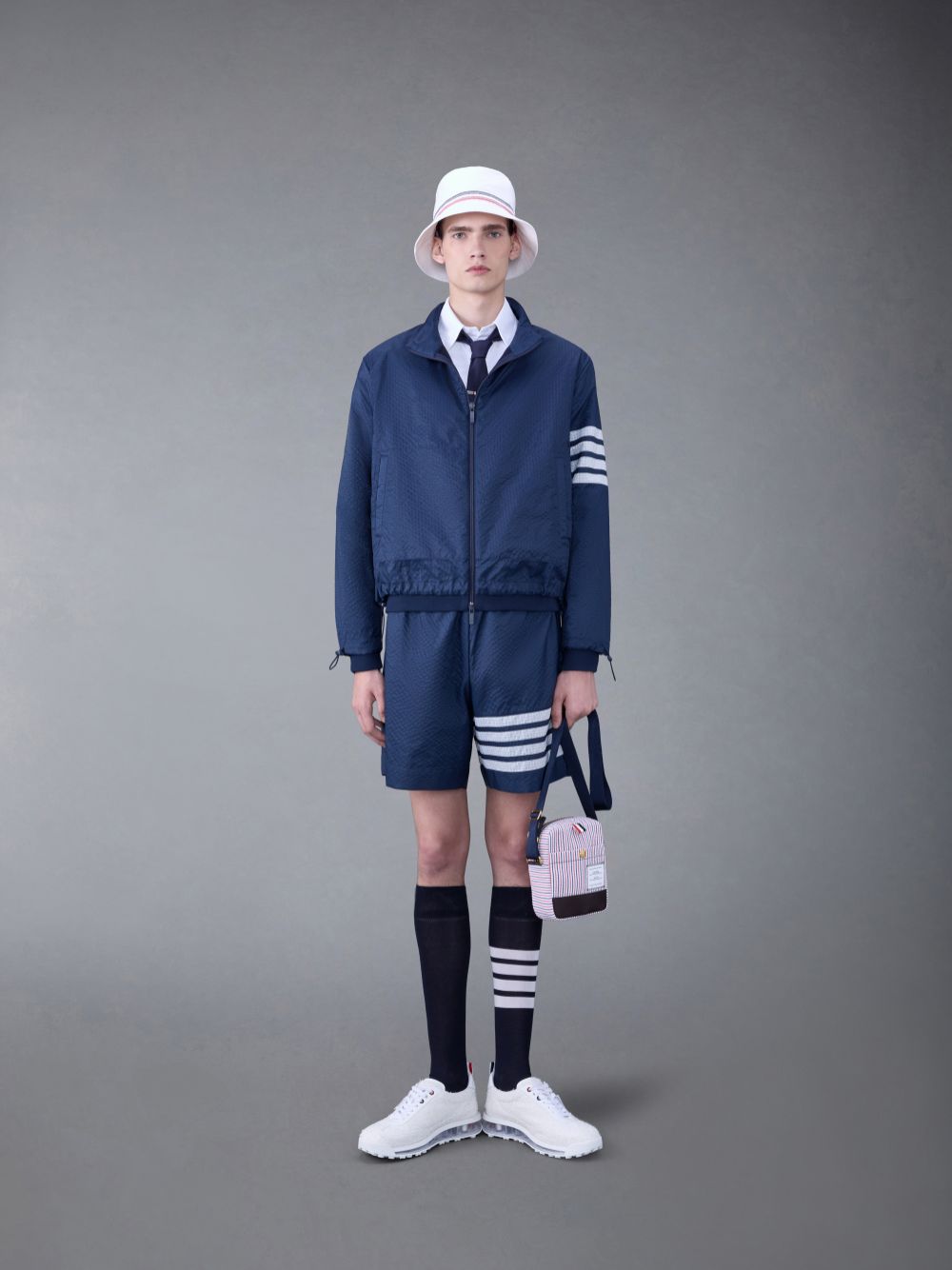 Men Thom Browne Ultralight Ripstop 4-Bar Funnel Neck Jackets Blue | TMR33Y04999