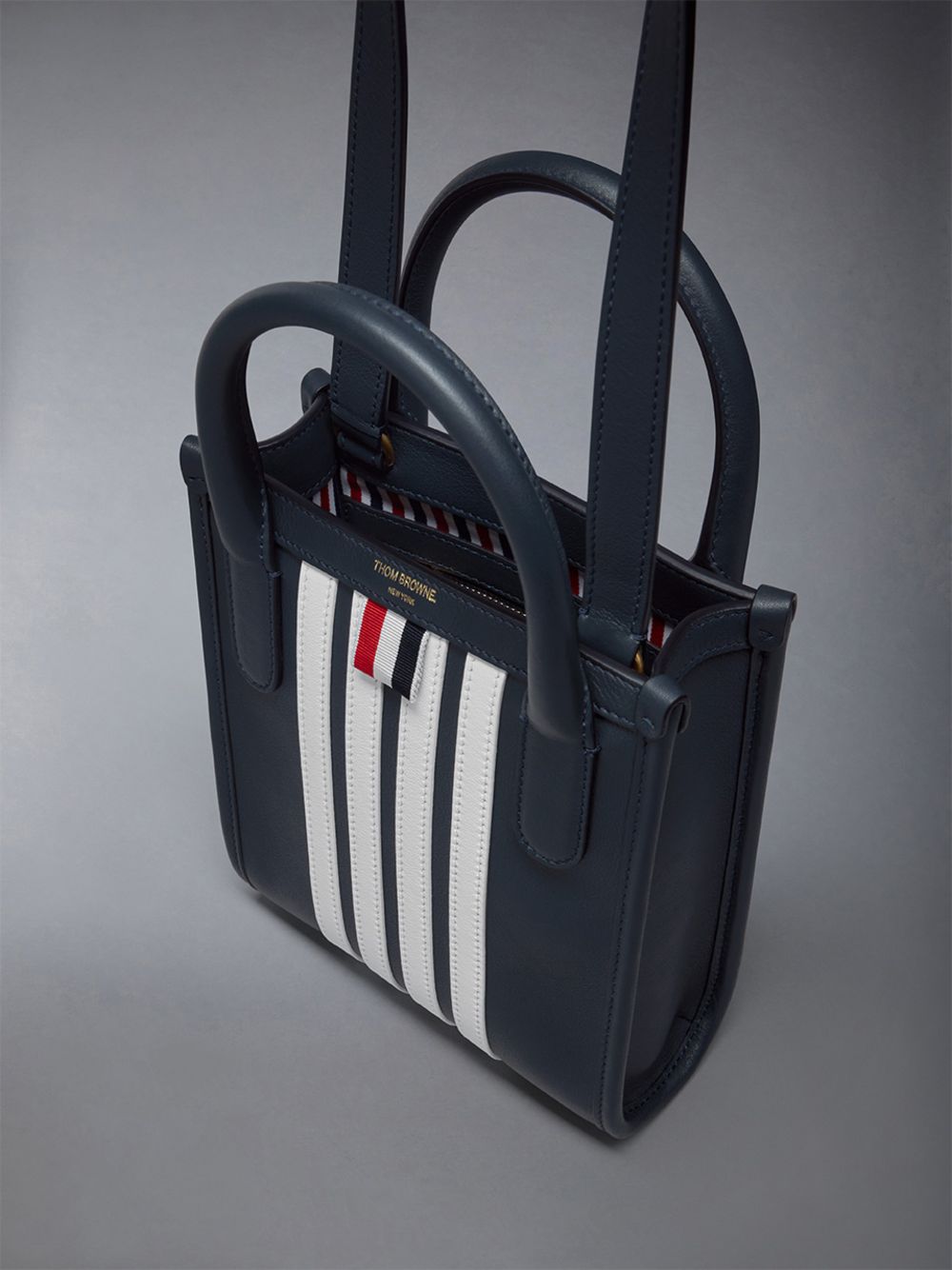 Men Thom Browne Vertical Mini W/ 4 Bar Stripes in Smooth Calf Tote Bags Blue | CBK21G30281