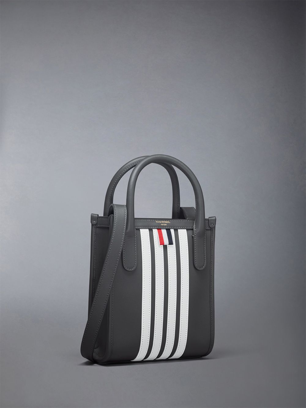 Men Thom Browne Vertical Mini W/ 4 Bar Stripes in Smooth Calf Tote Bags Grey | JOV61K63030