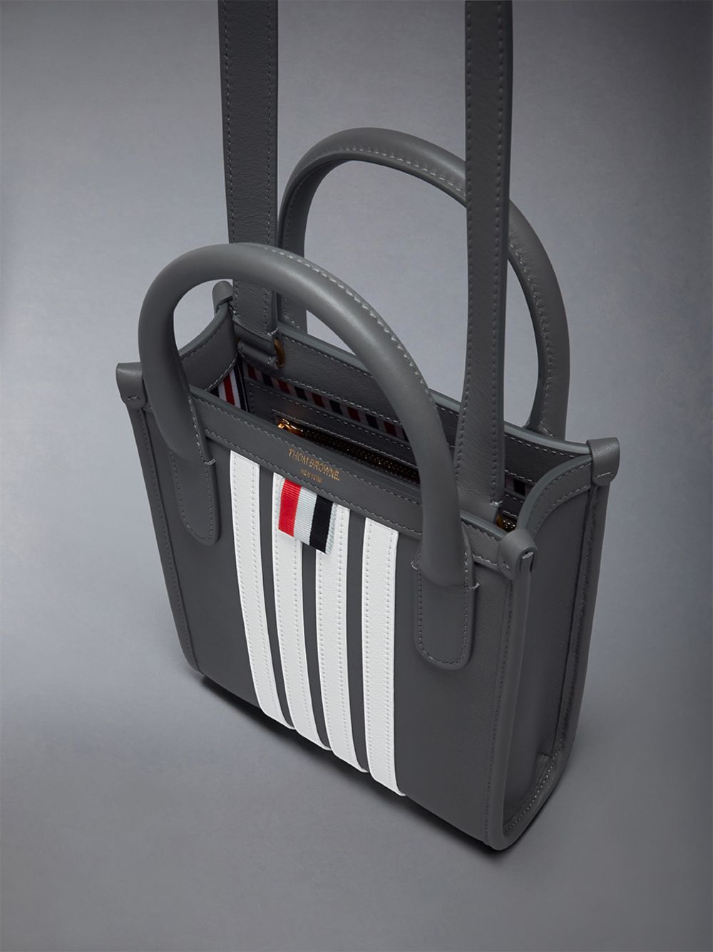 Men Thom Browne Vertical Mini W/ 4 Bar Stripes in Smooth Calf Tote Bags Grey | JOV61K63030