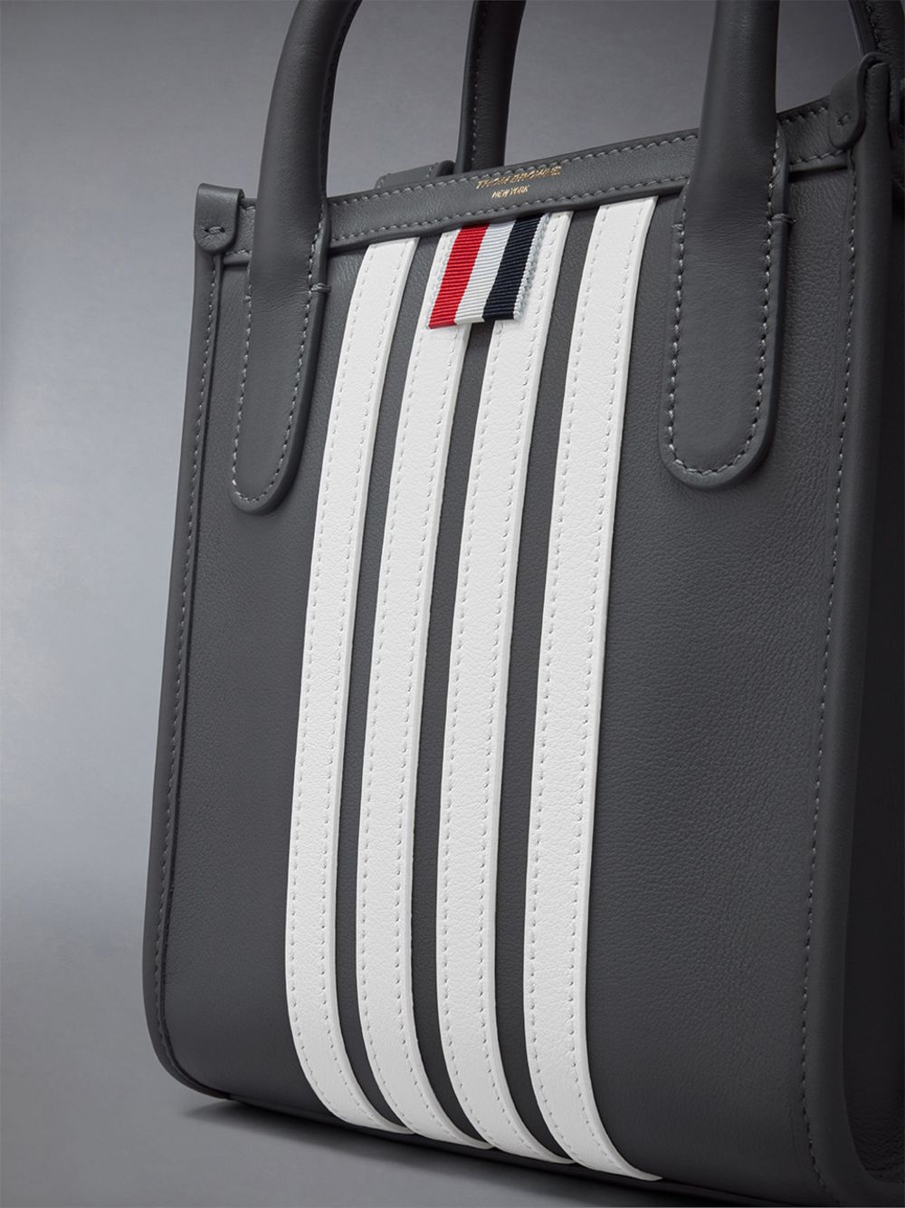 Men Thom Browne Vertical Mini W/ 4 Bar Stripes in Smooth Calf Tote Bags Grey | JOV61K63030
