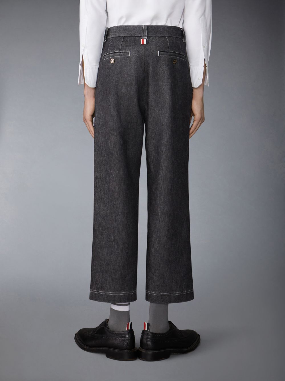 Men Thom Browne Washed Denim Contrast Topstitching Unconstructed Single Welt Pocket Pants Black | UAB33B78689
