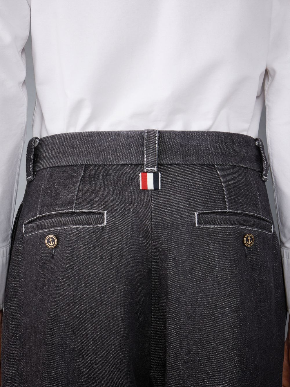 Men Thom Browne Washed Denim Contrast Topstitching Unconstructed Single Welt Pocket Pants Black | UAB33B78689