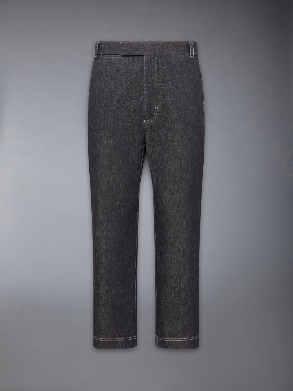 Men Thom Browne Washed Denim Contrast Topstitching Unconstructed Single Welt Pocket Pants Black | UAB33B78689
