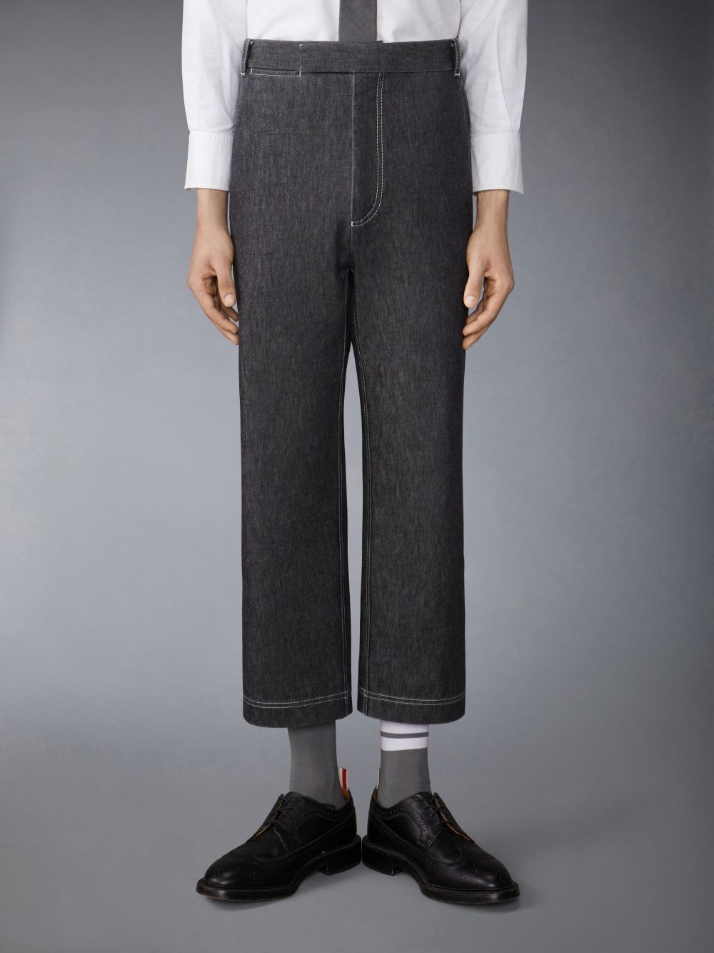 Men Thom Browne Washed Denim Contrast Topstitching Unconstructed Single Welt Pocket Pants Black | UAB33B78689